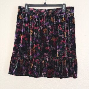 Womens Large Black Floral Velvet Skirt Ruffle Whimsigoth Fairy Grunge Indie